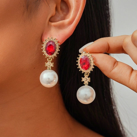 Vintage Court Style Drop Earrings With Red Synthetic Ruby Rhinestones Faux Artificial Pearl And Silver Earring Post For Women Elegant