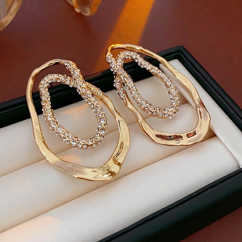 Double Layer Irregular Oval Earrings Alloy With Rhinestones And Silver Earring Post Gold Plated Fashion Jewelry For Women