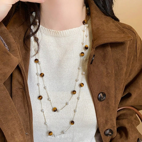 Collier Longue Chaîne De Pull Style Maillard Vintage En Pierre Oeil De Tigre Et Künstliche Perle En Cuivre Pour Femme Bijoux Rétro