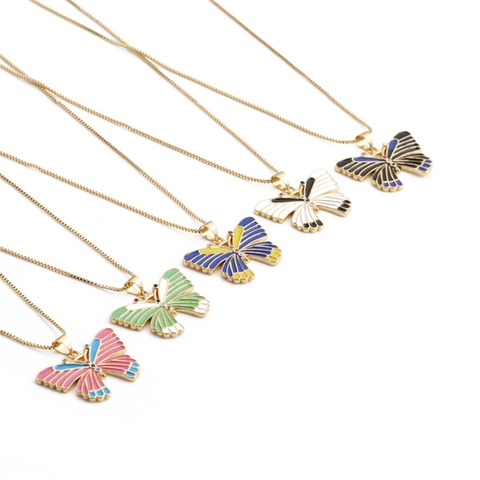 Butterfly Pendant Necklace Gold Plated Copper Colorful Enamel Zirconia Personalized Trendy Box Chain Jewelry Women