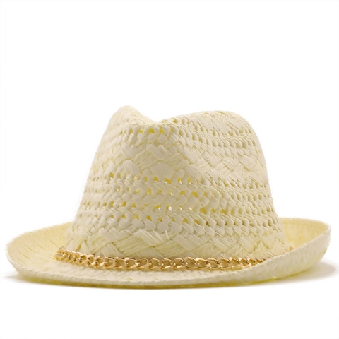 Cappello Fedora Carta Di Paglia Intrecciata Protezione Solare Vacanze Al Mare Catena In Metallo Traspirante Unisex
