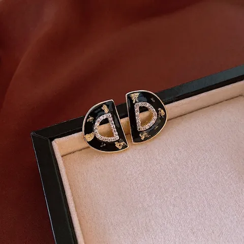 Retro D-Shaped Stud Earrings With Black Enamel Gold Foil Zircon Inlay And 925 Sterling Silver Earring Post Vintage