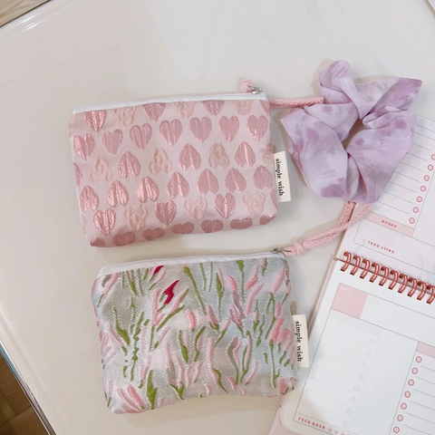 Women Jacquard Fabric Coin Purse Heart Floral Pattern Small Zipper Pouch For Lipstick Card Storage Portable Cute