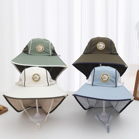 Kids Outdoor Sun Protection Hat Polyester Breathable Mesh Neck Flap Extra Large Brim Adjustable Windproof Summer Sport Casual