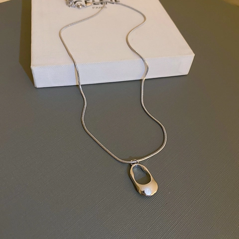 Minimalist Titanium Steel Necklace With Hollow Geometric Oval Pendant And Snake Chain For Women Elegant Accessory