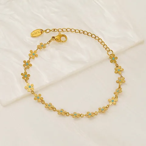 Flower Link Bracelet Stainless Steel 18K Gold Plated Blue Turquoise Inlay Summer Minimalist Style For Women