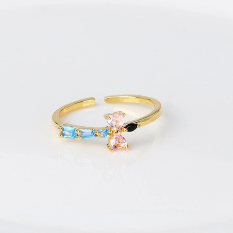Butterfly Adjustable Ring Copper Cubic Zirconia Pink Heart Blue Rectangular Gems Layered Dainty Jewelry For Women