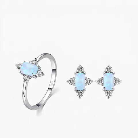 925 Sterling Silver Jewelry Rectangle Opal Ring And Stud Earrings Luxury Geometric Sparkle Zircon Elegant Women Gift