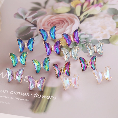 Elegant Butterfly Stud Earrings With 925 Sterling Silver Earring Post Gradient Crystal Wing Rhinestone Jewelry For Women