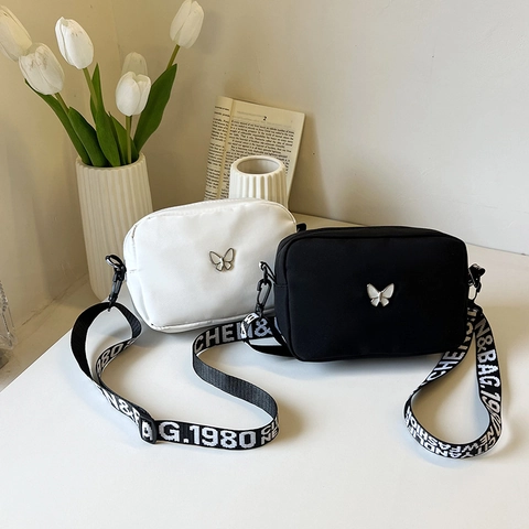Sac Bandoulière Nylon Femmes Petit Sac Carré Décor Papillon Large Bandoulière Lettres Mode Ins Coréenne Décontracté