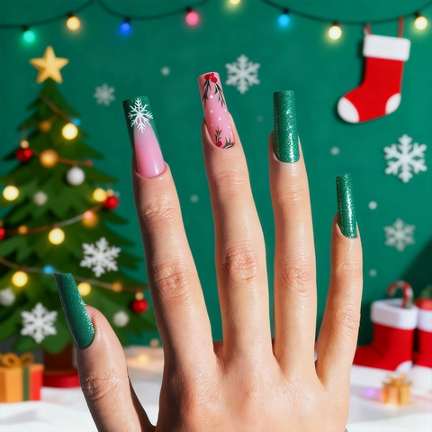 Uñas Postizas De Navidad Press On Forma De Ataúd Larga Purpurina Verde Patrones De Copos De Nieve Y Bayas Para Mujeres