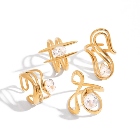 Anillo In Acciaio Inossidabile Placcato Oro 18K Con Zircone Linee Astratte Organiche Gioielli Ipoallergenici Per Donna