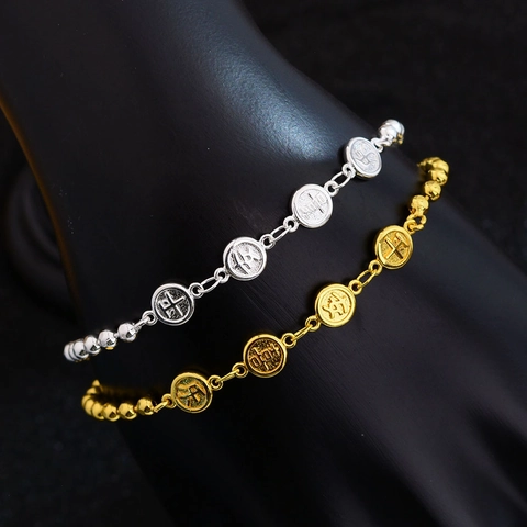 Bracelet Minimaliste en Cuivre pour Femmes Avec Pendentif Rond Caractères Chinois Paix et Joie Plaqué Or Argent Bijoux Élégants