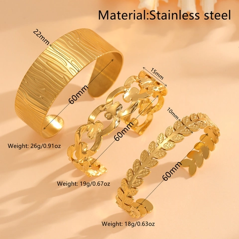 Edelstahl Gold Überzug Offener Armreif Blatt Rinde Textur Überkreuztes Design Armband Damen Herren Minimalistisch