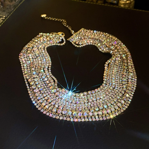 Wide Multi Layer Choker Necklace Alloy Sparkling Rhinestone Statement Jewelry For Women Elegant Party Wedding Banquet Luxury