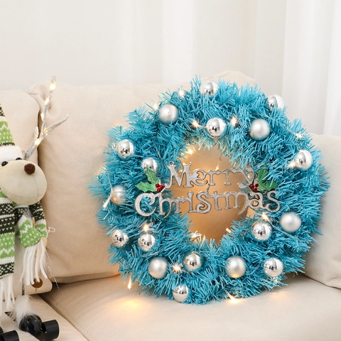 Guirnalda De Navidad Azul Con Bolas Plateadas LED Luces Cálidas Letrero Merry Christmas Decoración De Pared