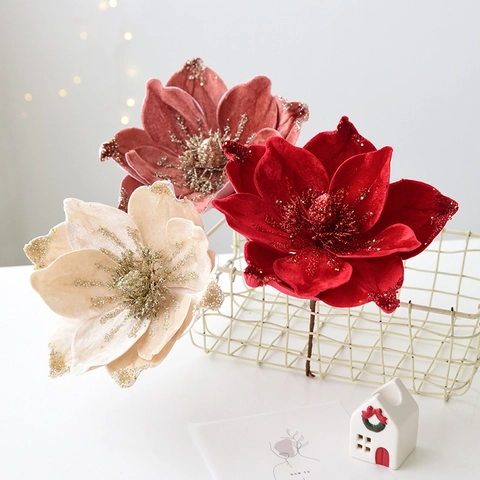 Christmas Artificial Magnolia Flower Velvet Cloth Glitter Decoration For Festive Party Layout Tree Ornament Home Decor