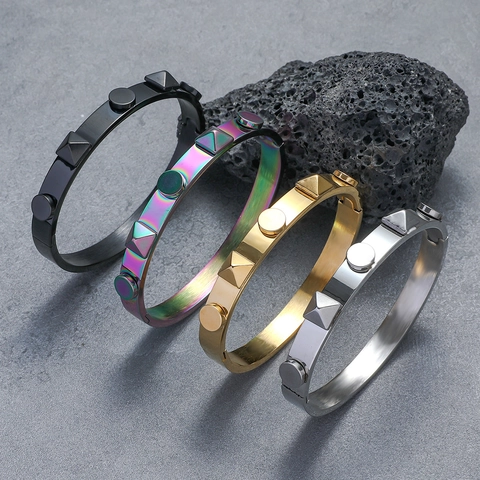 Titanium Stahl Manschetten Armreif Mit Pyramiden Nieten Und Runden Nieten Punk Rock Minimalistischer Schmuck Für Männer Frauen