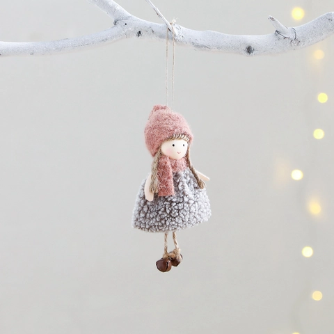 Decorazione Natalizia da Appendere Bambola Angelo Fatta a Mano in Velluto di Agnello Ciondolo Ragazza Con Campanelli Ornamento Albero Natale