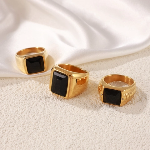 Anello Da Sigillo Acciaio Inossidabile Placcato Oro Pietra Nera Vintage Retro Hip Hop Punk Gioielli Di Moda Per Uomini