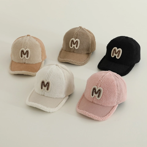 Cappello Da Baseball Bambini Sherpa E Velluto A Coste Patchwork Toppa Lettera M Berretto Invernale Caldo Ragazzi Ragazze