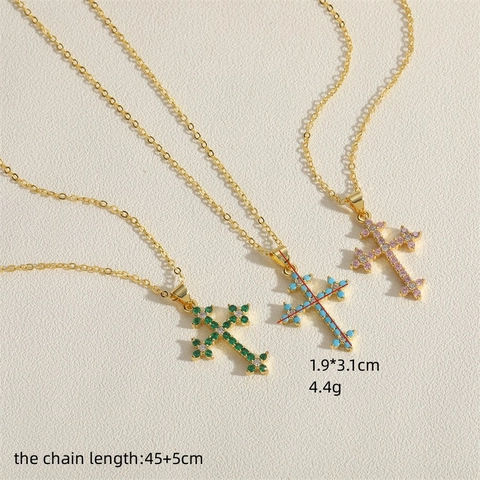 Collana con Pendente a Croce in Rame e Zirconia per Donna Placcato Oro Micro Intarsiato Catena per Clavicola con Gemme Colorate