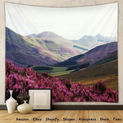 Natur Berglandschaft Wandteppich Lila Blumenmeer Szenarie Polyester Gewebe Boho Wandbehang Heimdekoration