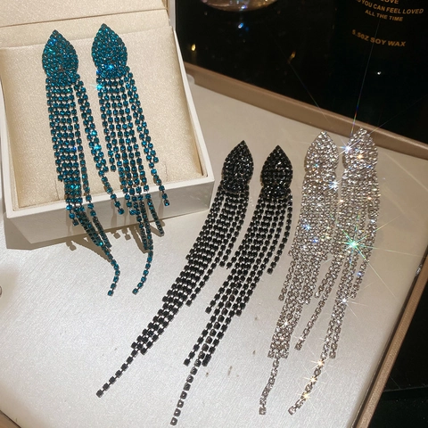 Waterdrop Rhinestone Long Tassel Earrings Copper Jewelry With 925 Sterling Silver Earring Post For Women Party Shiny