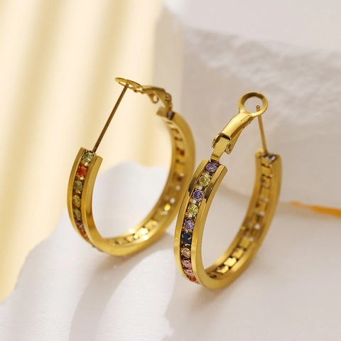 Titanstahl Creolen Für Damen Im Westlichen Stil Französische Vintage Goldene Vakuumgalvanisierung Mit Bunten Zirkonia Ohrringe