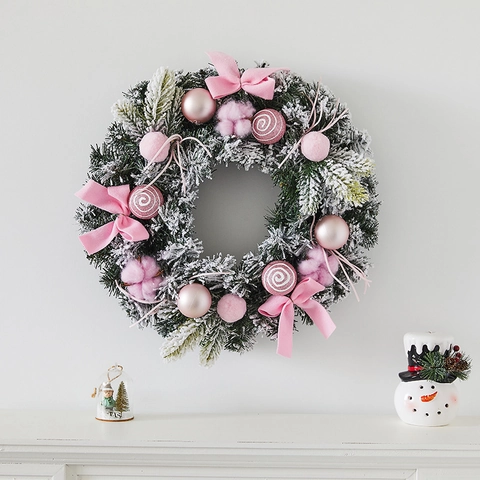 Corona Di Natale Fiocco Di Velluto Rosa Ago Di Pino Ghiacciato Luce LED Ornamento Appeso Casa Porta Parete Inverno Festa