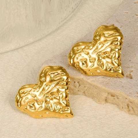 Stainless Steel Heart Shaped Stud Earrings Hammered Wrinkled Texture Metallic Gold Silver Earrings For Women Jewelry Gift