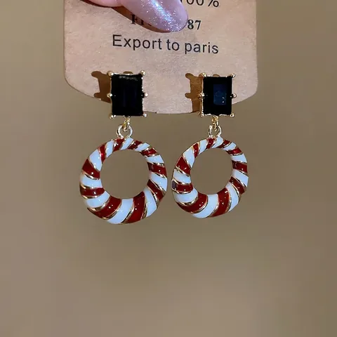 Vintage Enamel Round Pendant Earrings With 925 Sterling Silver Earring Post Alloy Rhinestone Festive Striped For Women