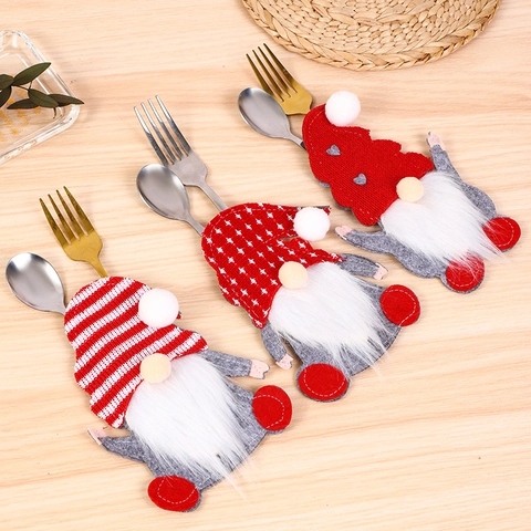 Christmas Gnome Cutlery Holder Non-woven Felt Tableware Pocket Faceless Elf For Festive Home Dining Party Decoration