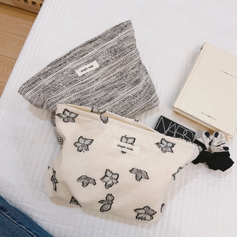 Minimalistische Leinwand Und Tweed Kosmetiktasche Künstlerische Bestickte Kosmetikbeutel Tragbare Reise Aufbewahrung Clutch Für Frauen