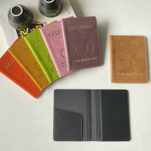 Passport Holder Cover PU Leather Gold Stamping Heart Airplane Travel Accessories Slim Card Slots Protector Case