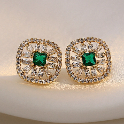 Orecchini A Lobo Quadrati Vintage Con Zircone Verde Smeraldo Gioielli In Lega Lusso Geometrico Per Donna Con Perno In Argento 925
