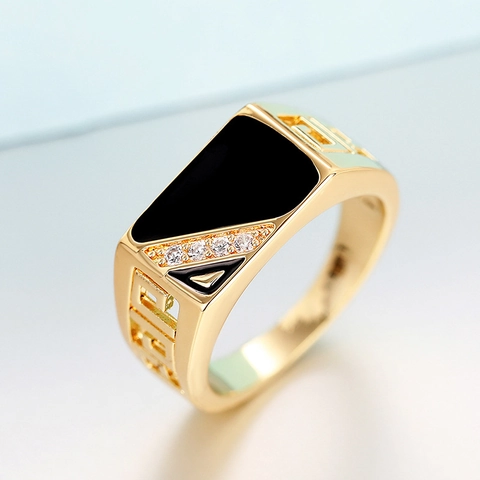 Signet Ring Gold Plated Copper With Black Enamel And Cubic Zirconia Greek Key Meander Vintage Style Men Unisex