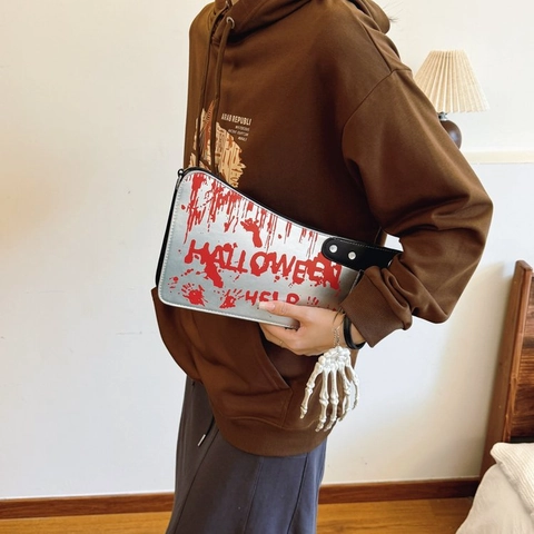 Borsa A Tracolla A Forma Di Coltello Da Cucina Pelle PU Impronta Mano Insanguinata Halloween Orrore Ciondolo Mano Scheletro