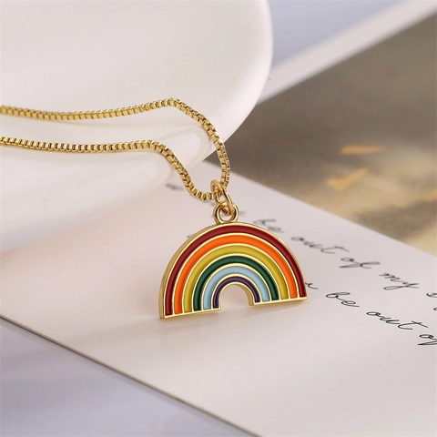 Rainbow Heart Necklace For Women Colorful Enamel Gold Plated Copper Box Chain Sweet Minimalist Clavicle Jewelry Gift
