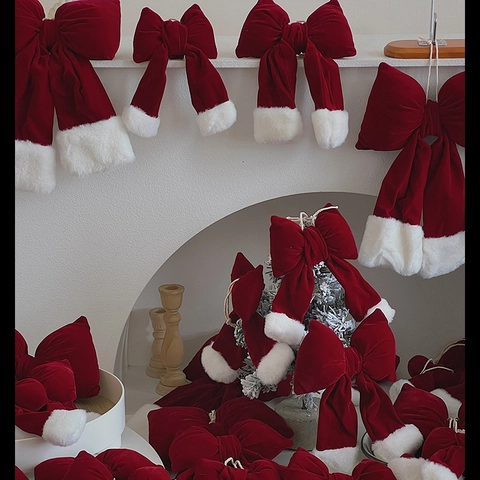 Christmas Tree Bow Ornament Red Velvet With White Plush Trim DIY Hanging Decoration For Holiday Party Home Decor