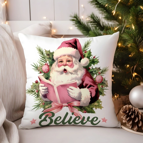 Christmas Throw Pillow Cover Soft Short Plush Pink Santa Snowman Reindeer Print Decorative Pillowcase Hidden Zipper Home Decor