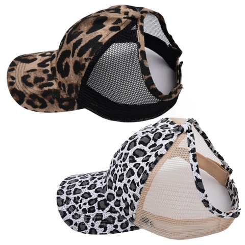 Damen Pferdeschwanz Baseballkappe Leopardenmuster Hohl Top Sonnenblende Mesh Atmungsaktiv Verstellbar Outdoor Sport Baumwolle Hut
