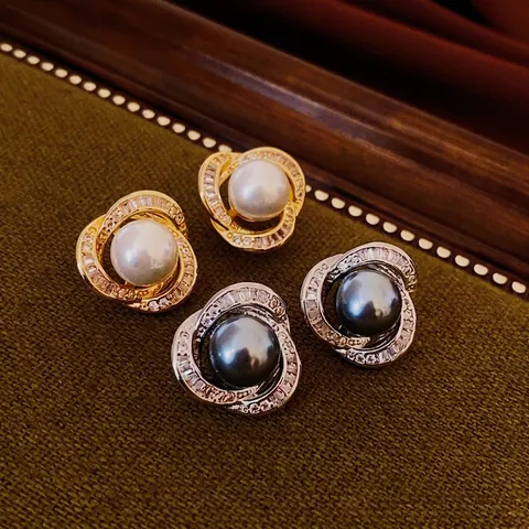Boucles D'Oreilles Puce Künstliche Perle Et Zircon Avec Tige En Argent Base Cuivre Design Géométrique Spirale Bijoux Élégants Pour Femmes