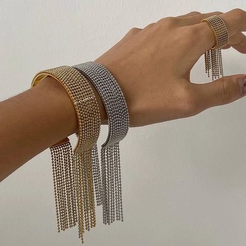 Edelstahl Quaste Armreif Ring Für Damen Gold Silber Galvanisiert Wasserdicht Hypoallergen Perlenkette Fransen Verstellbarer Schmuck