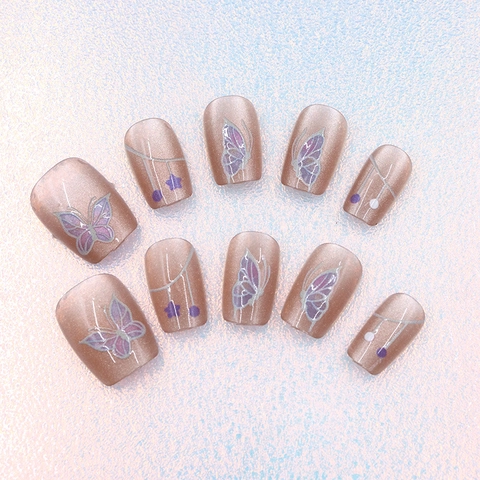 Cat Eye Press On Nails Purple Butterfly Pattern Glossy Artificial Finger Nails Short Square Round Elegant For Women