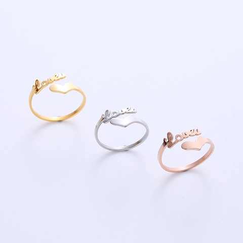 Anello Cuore Love Scrittura Acciaio Inossidabile 316L Aperto Regolabile Gioielli Romantici Minimalisti Per Donna