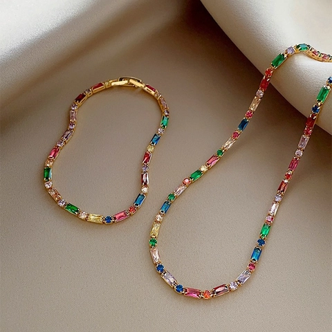 Gioielli Collana E Bracciale Arcobaleno Rame Placcato Oro Zircone Rettangolare Colorato Per Donna Vintage Retro Lusso