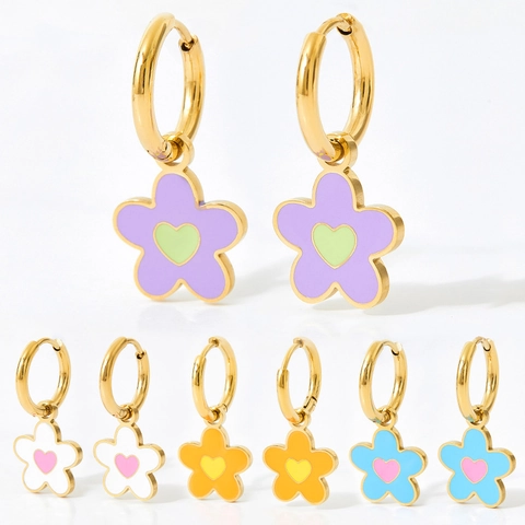 Boucles D'oreilles Créoles À Breloques Fleur Cœur Acier Inoxydable Émail Coloré Style Frais Bijoux Pour Femmes Filles