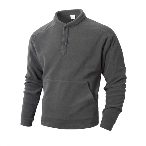 Men Fleece Sweatshirt Pullover Stand Collar Button Henley Long Sleeve Solid Color Kangaroo Pocket Casual Slim Fit Tactical