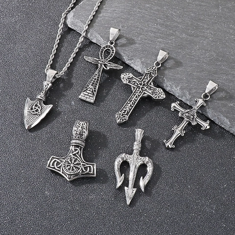 Collana Con Ciondolo In Acciaio Inossidabile Vichingo Vintage Martello Di Thor Occhio Di Horus Croce Ankh Tridente Punta Di Freccia